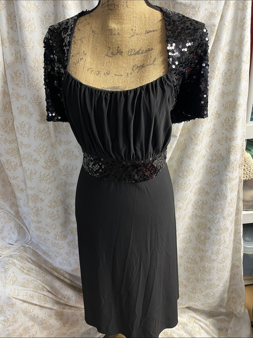 Black Sequin-Trim Midi Dress